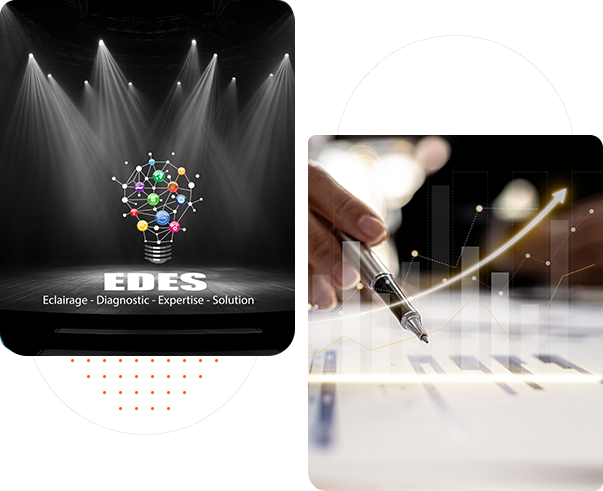 EDES: Eclairage, Diagnostic, Expertise, Solution. Ampoule-réseau illuminée. Main analysant des graphiques financiers de croissance.