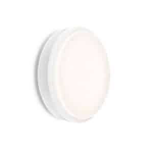 Applique murale ronde blanche au design minimaliste émettant une lumière douce.
