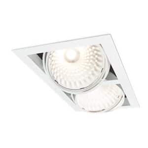 Double spot encastrable blanc, têtes orientables et réflecteurs facettés pour plafond moderne.