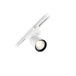 Projecteur sur rail blanc avec bague noire, éclairage LED directionnel moderne.